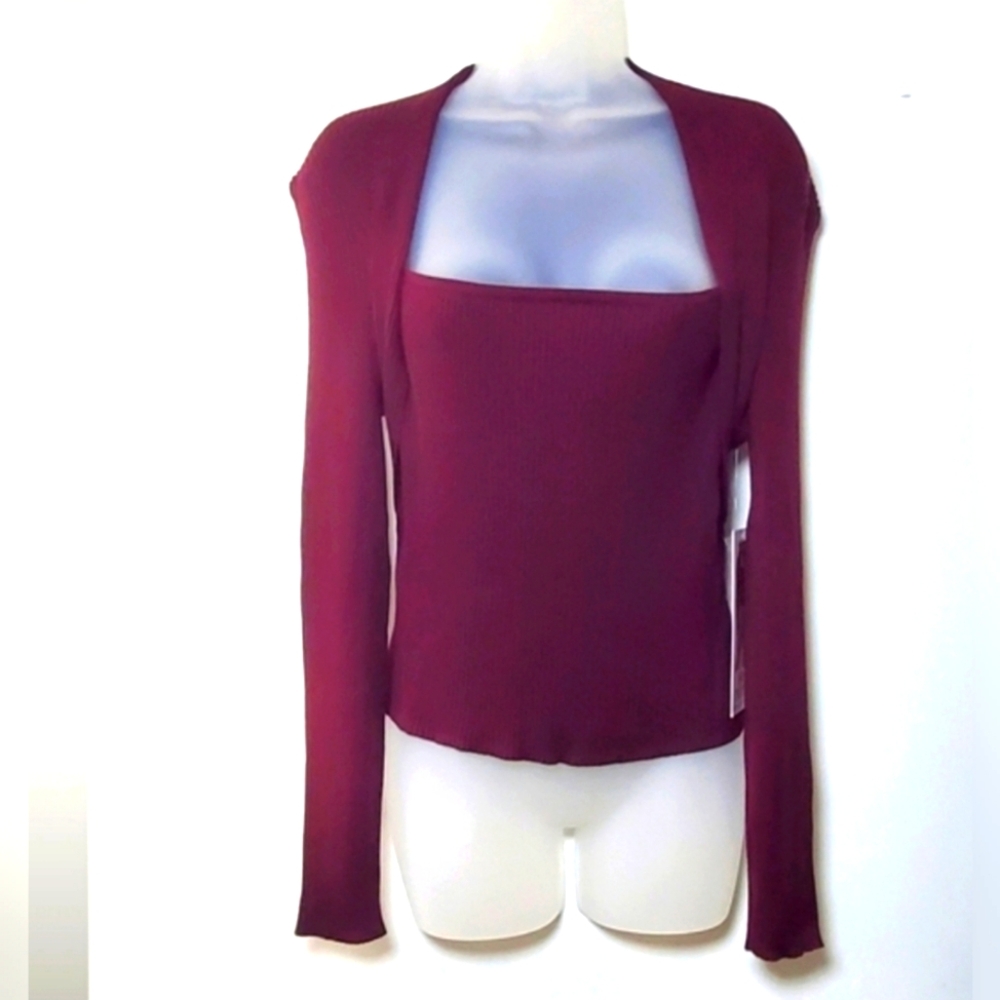 NWT Celebrity Pink Burgundy Ribbed Scoop Neck Shrug Sweater Size Large